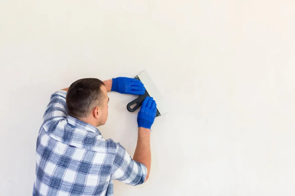 Afbouw en stukadoors: achteraanzicht van vakman die een wand glad afwerkt